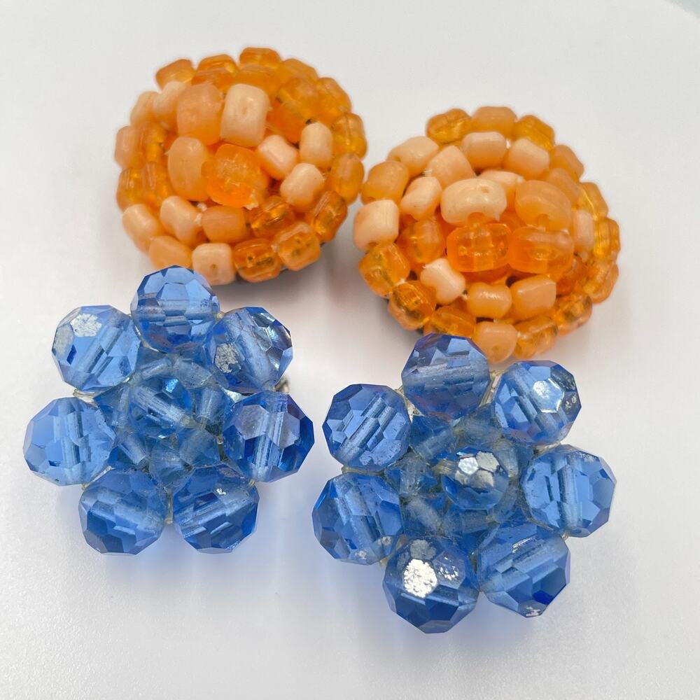 Vintage Lot 2 Pairs Mid Century Orange Beaded Cluster Blue Faceted Glass Clip On